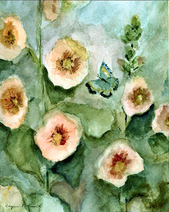 Hollyhocks and Butterfly